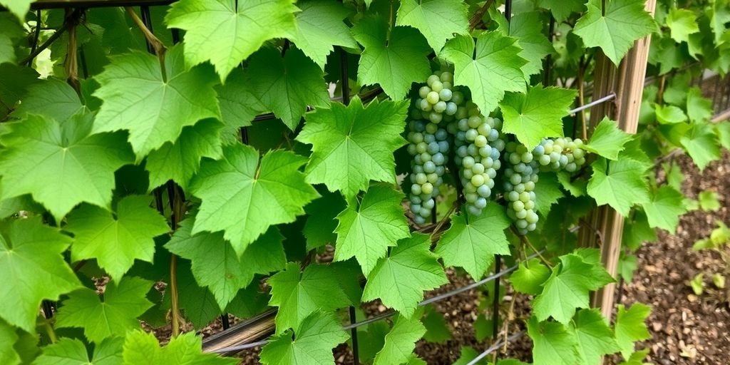 Vignes palissées dans un petit jardin.