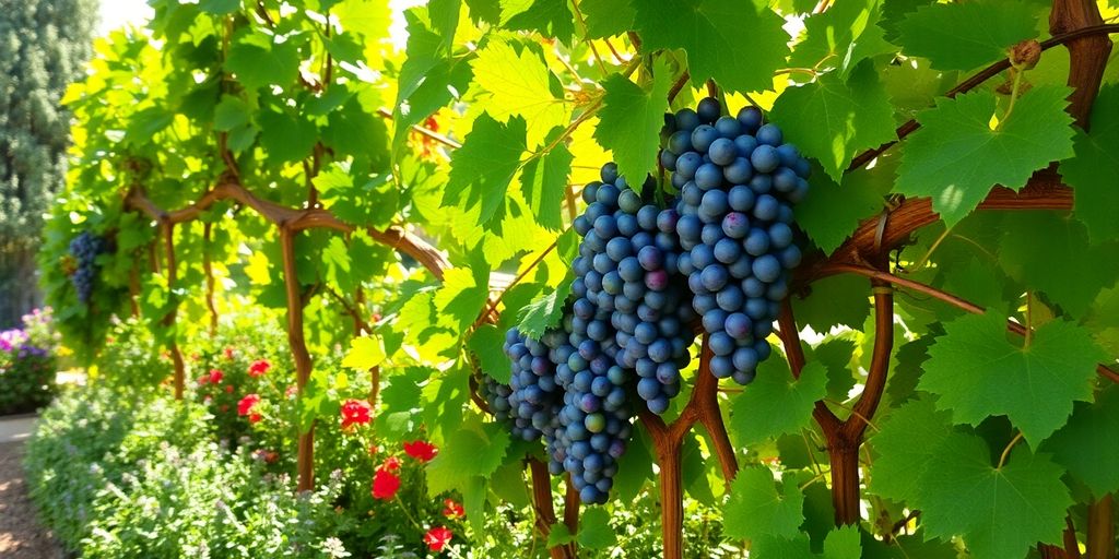 Vignes et plantes compagnes dans un jardin ensoleillé.