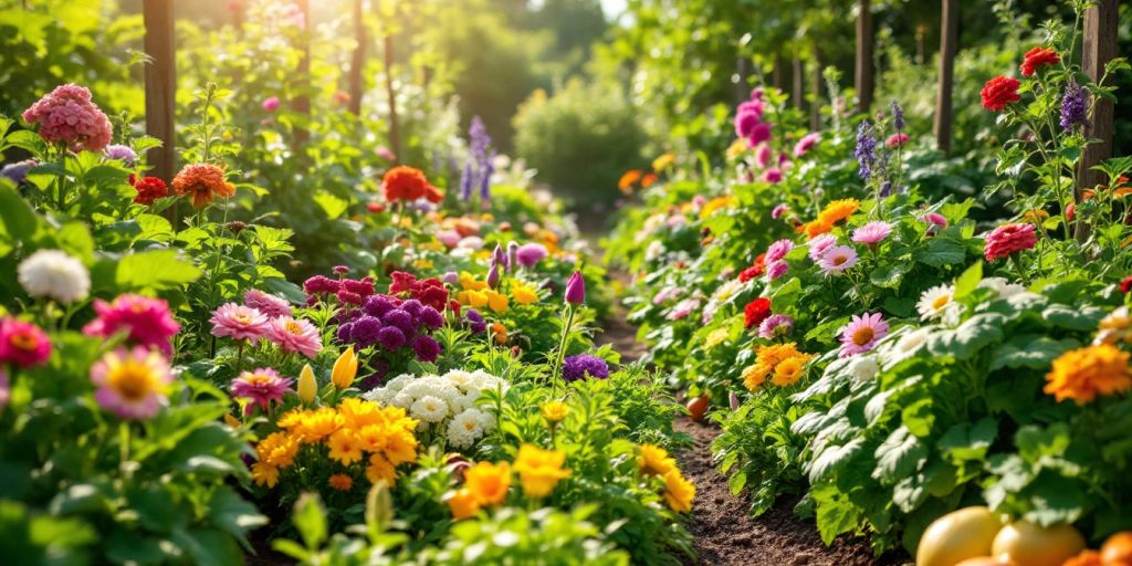 Jardin biologique avec légumes et fleurs colorées.