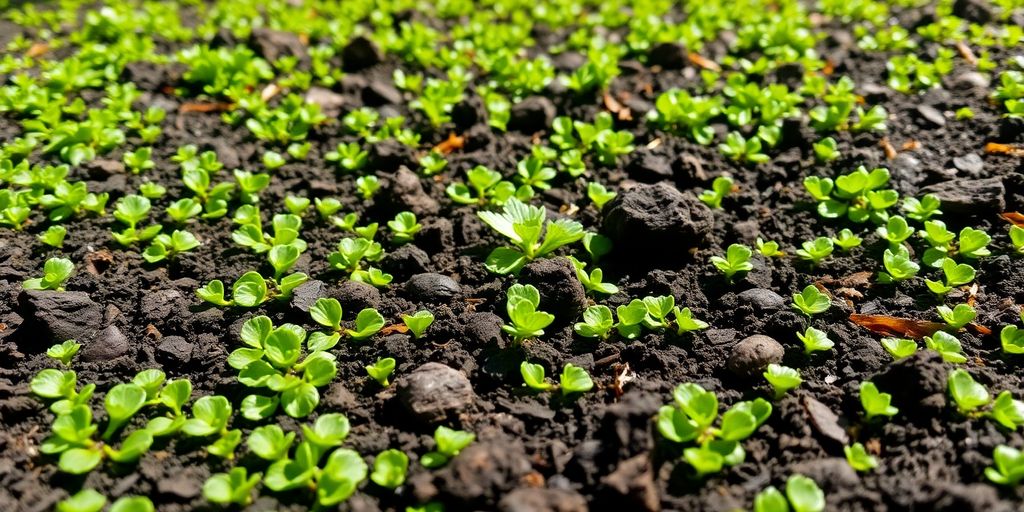 Paillage de sol riche avec des plantes vertes.