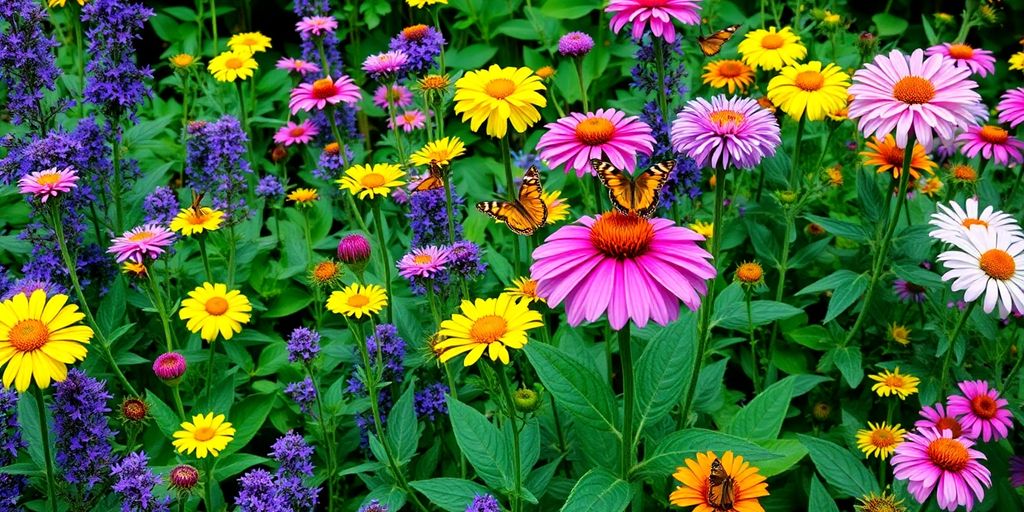 Des fleurs colorées attirant des papillons dans un jardin.