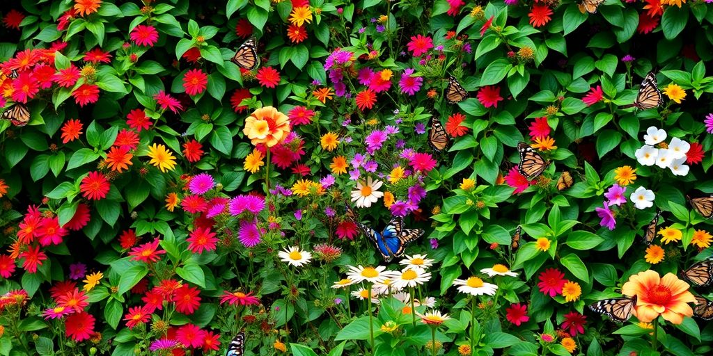 Jardin coloré avec des plantes grimpantes et des papillons.