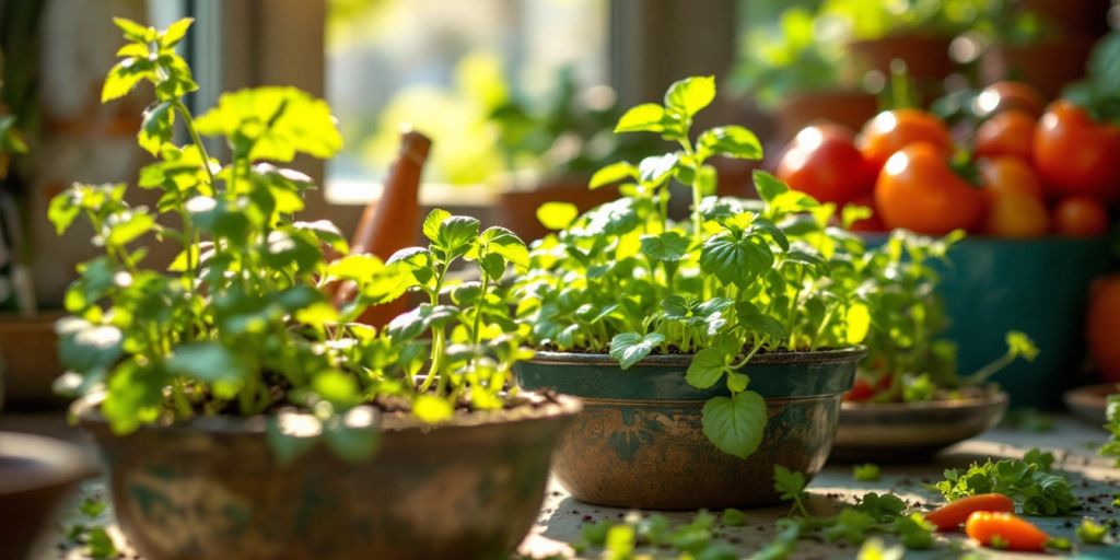 Restes de légumes poussant dans des pots.