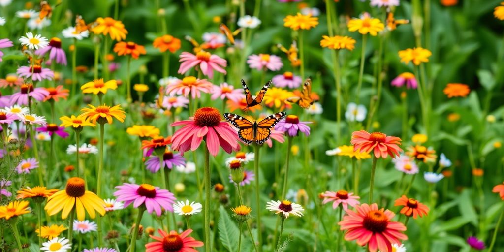 Jardin fleuri avec papillons colorés qui volent.