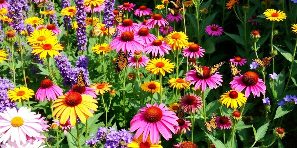 Jardin coloré avec fleurs attirant des papillons.