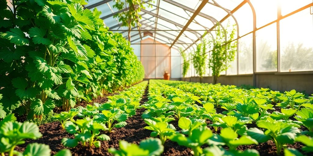 Serre avec des légumes et sol prêt pour la culture.