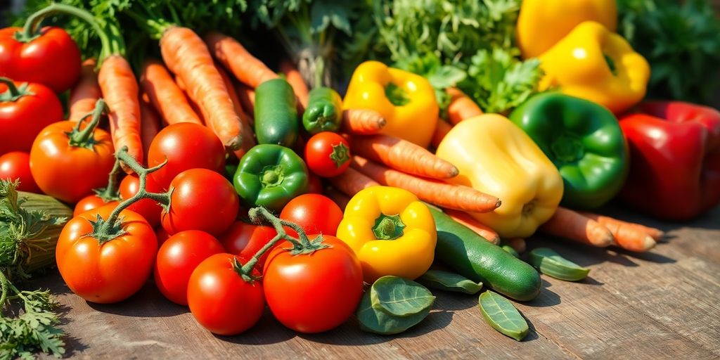 Légumes frais récoltés sur une table en bois.