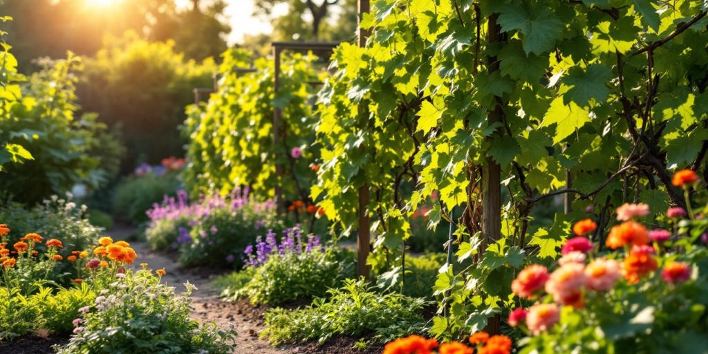 Jardin avec de jeunes vignes en treillis.