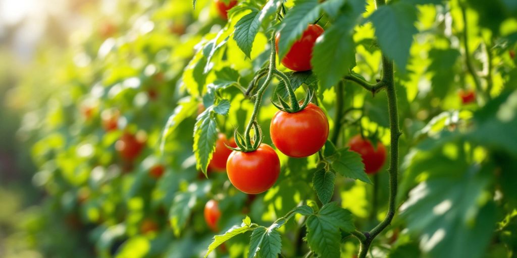 Tomates mûres sur des plants verdoyants.