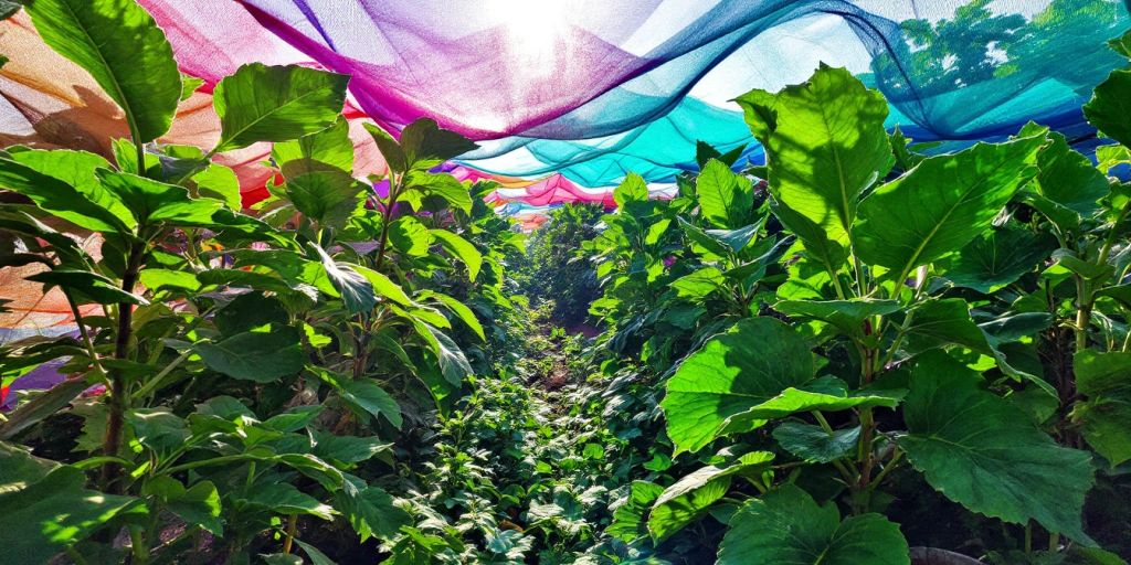 Plantes protégées par des filets colorés dans un jardin.