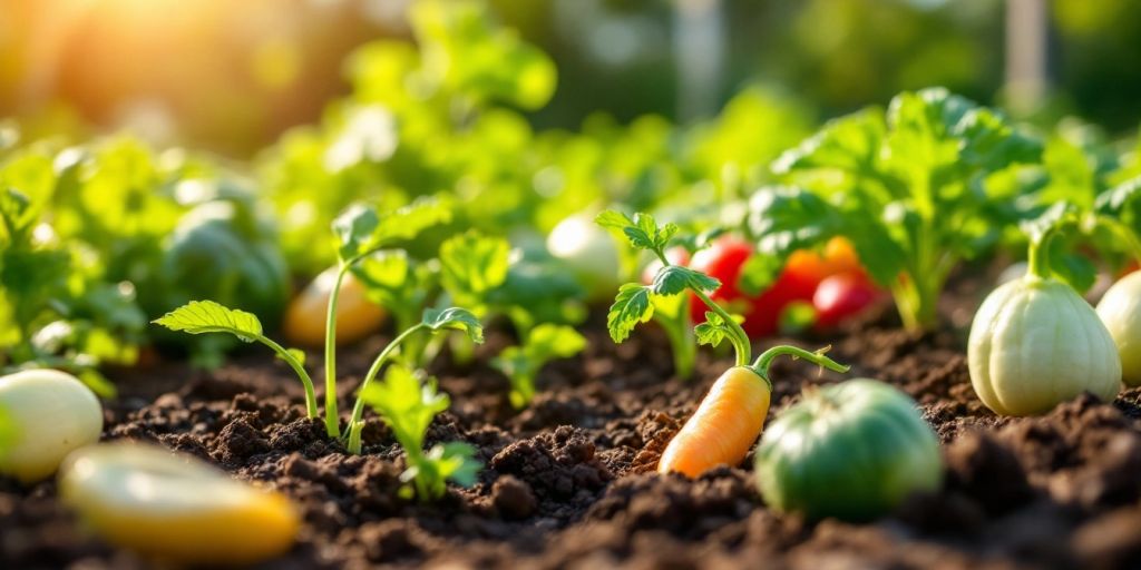 Jardin avec légumes en pleine croissance sous le soleil.