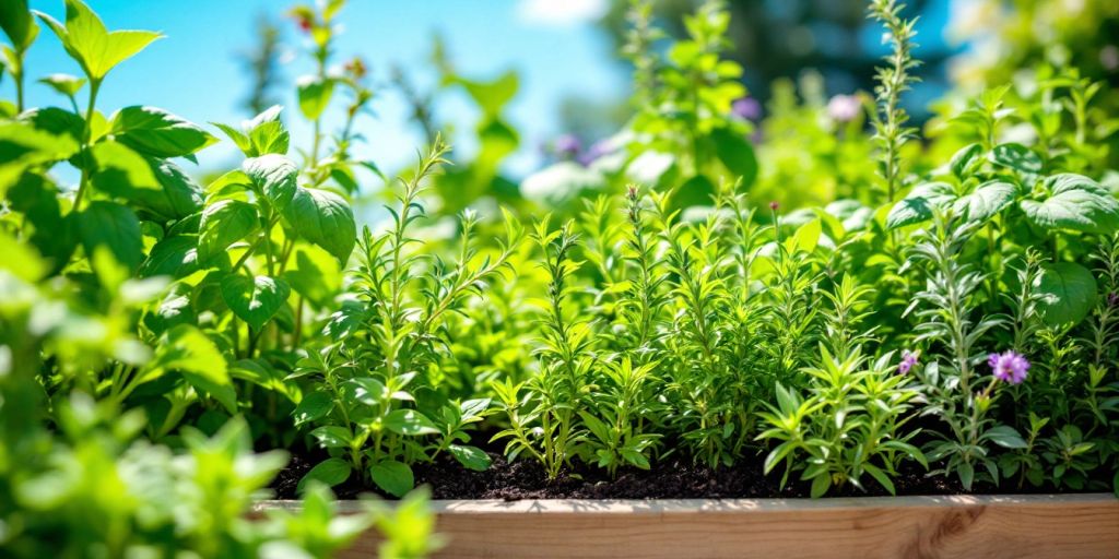 Jardin aromatique avec herbes fraîches et verdoyantes.