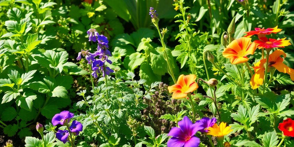 Des plantes colorées dans un potager harmonieux.