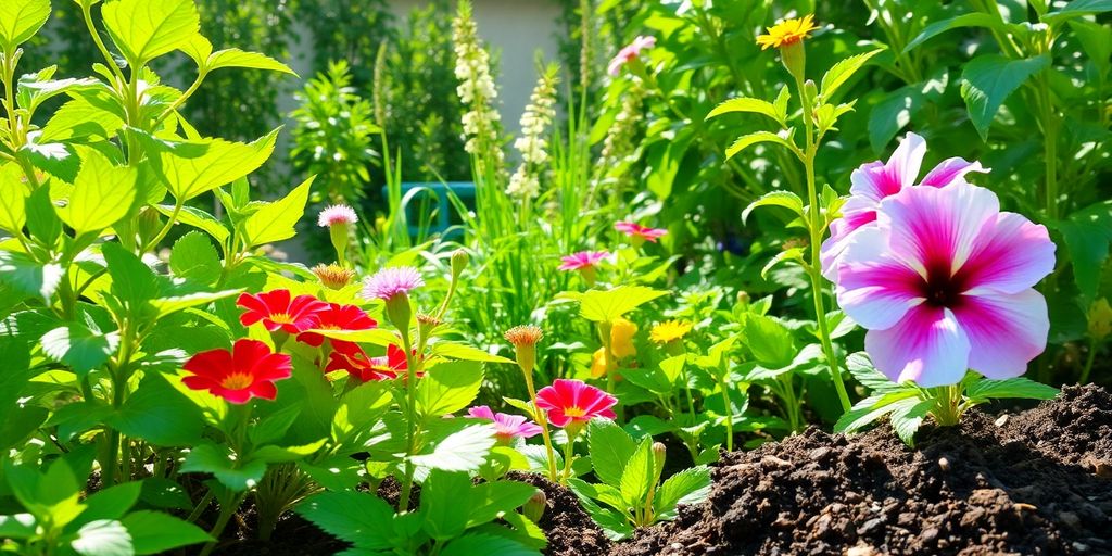 Vue d'un jardin avec des plantes et engrais naturels.