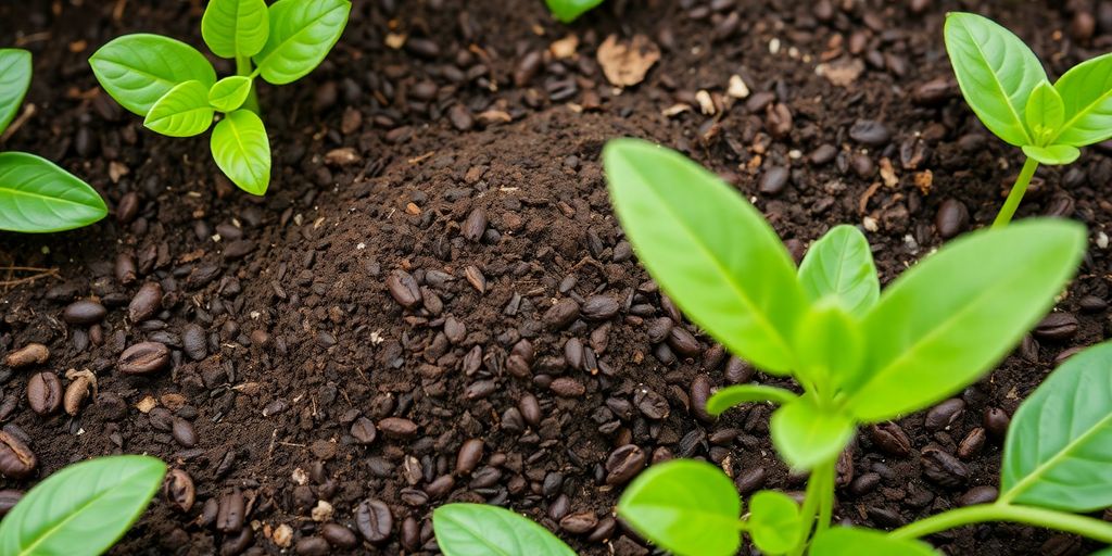 Marc de café sur le sol, entouré de plantes vertes.