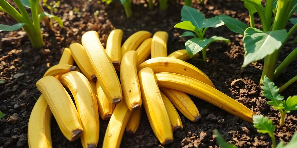 Peaux de banane sur le sol avec des plantes vertes.