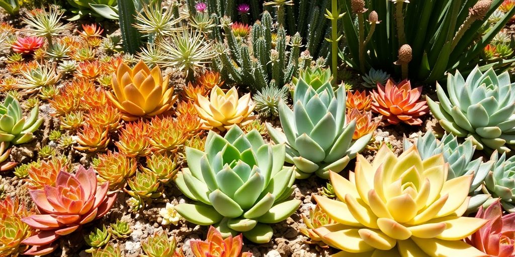 Jardin coloré avec des plantes succulentes variées.