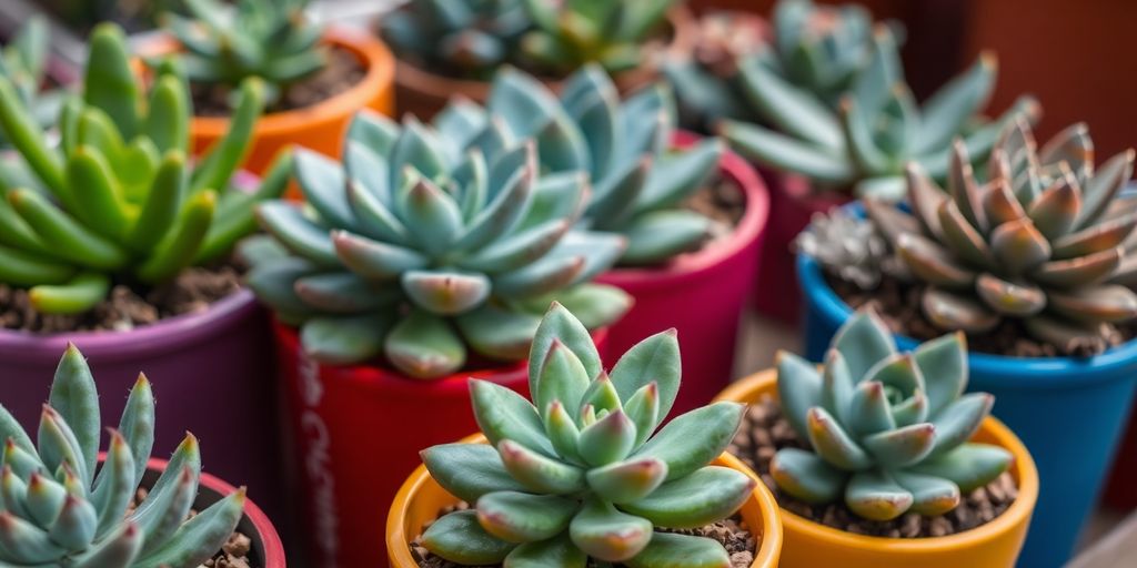 Succulentes en pot colorés à l'extérieur.