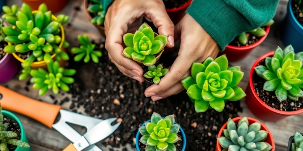 Rempotage d'une plante succulente avec des outils de jardin.