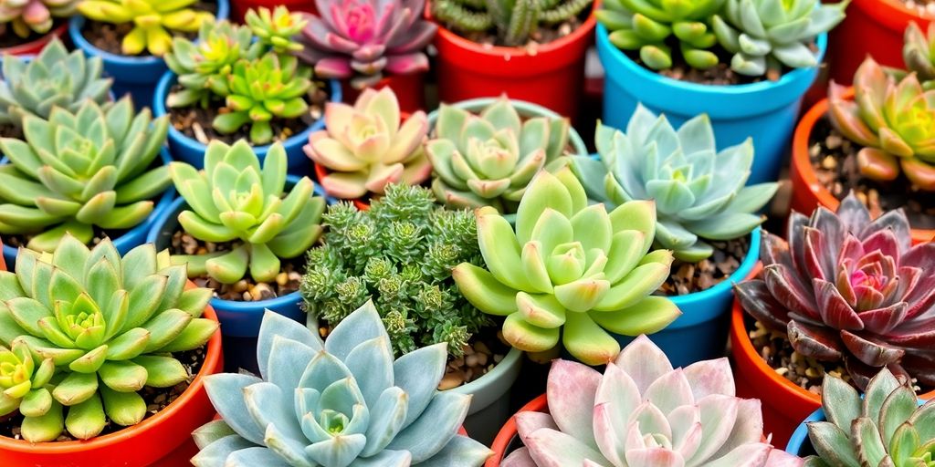 Arrangement de plantes succulentes colorées dans des pots.