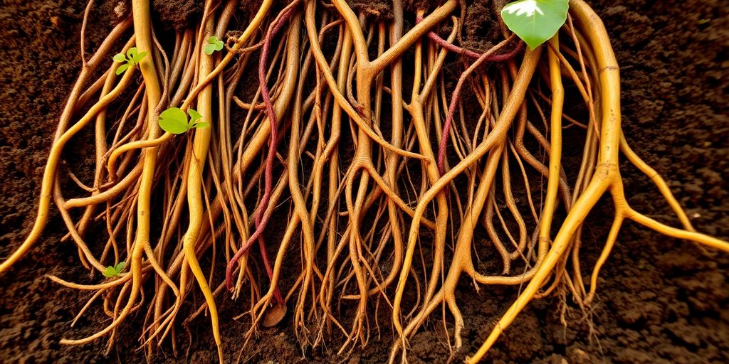 Racines profondes de plantes dans le sol fertile.