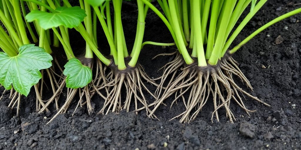 Racines profondes de plantes dans le sol riche.