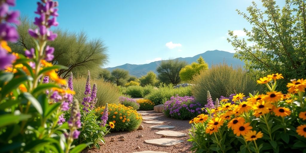 Jardin avec plantes mellifères et résistantes à la sécheresse.