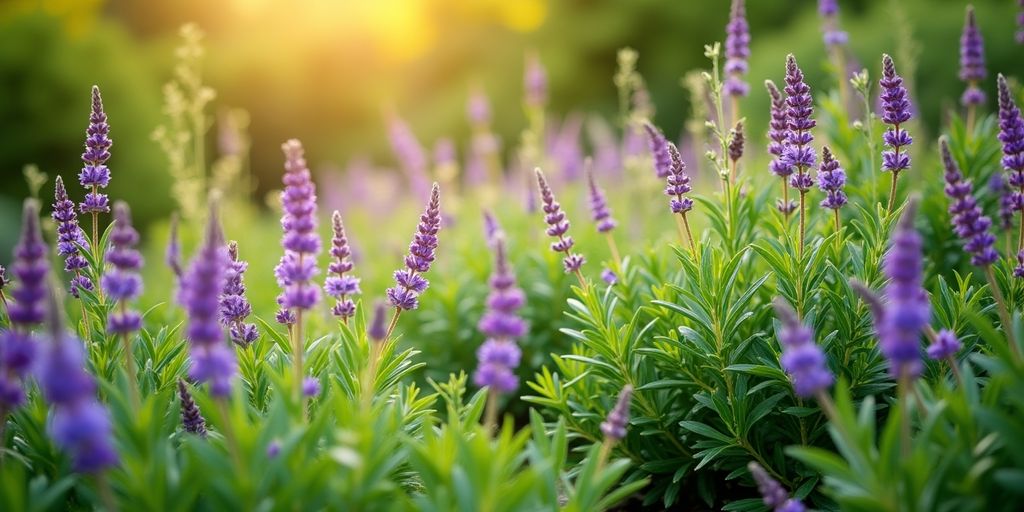 Plantes aromatiques vivaces dans un jardin ensoleillé.