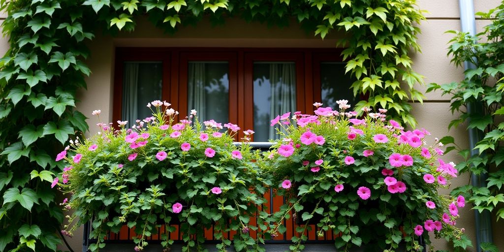 Balcon avec des plantes grimpantes verdoyantes.