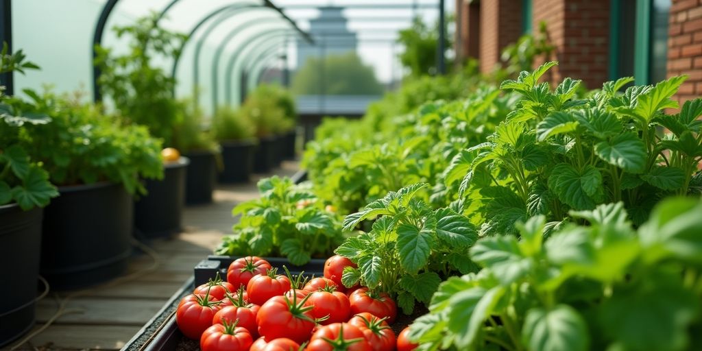 Un potager sur un toit avec des légumes colorés.