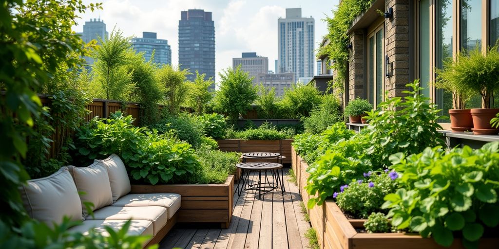 Un jardin de légumes sur un toit avec des chaises.