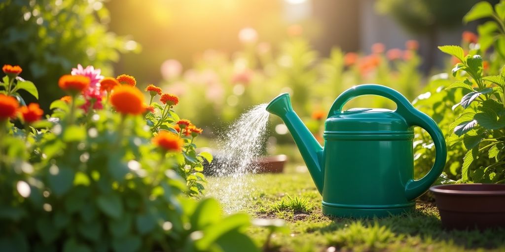 Jardin avec plantes sous le soleil et un arrosoir.