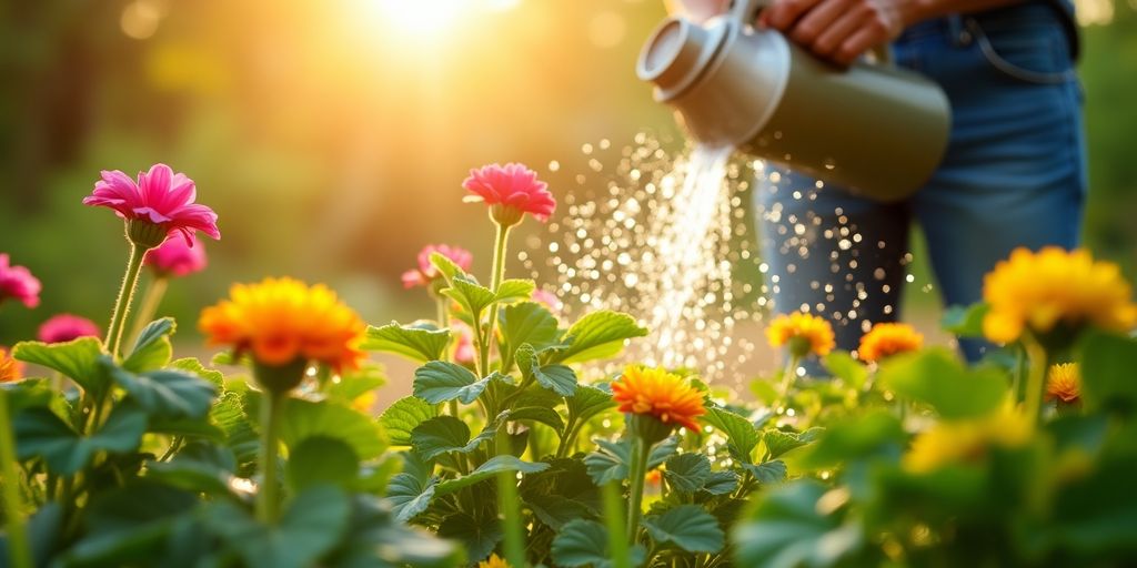 Jardin ensoleillé avec arrosage pendant la canicule.