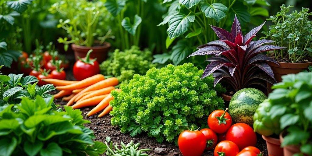 Jardin avec plantes comestibles et légumes colorés.