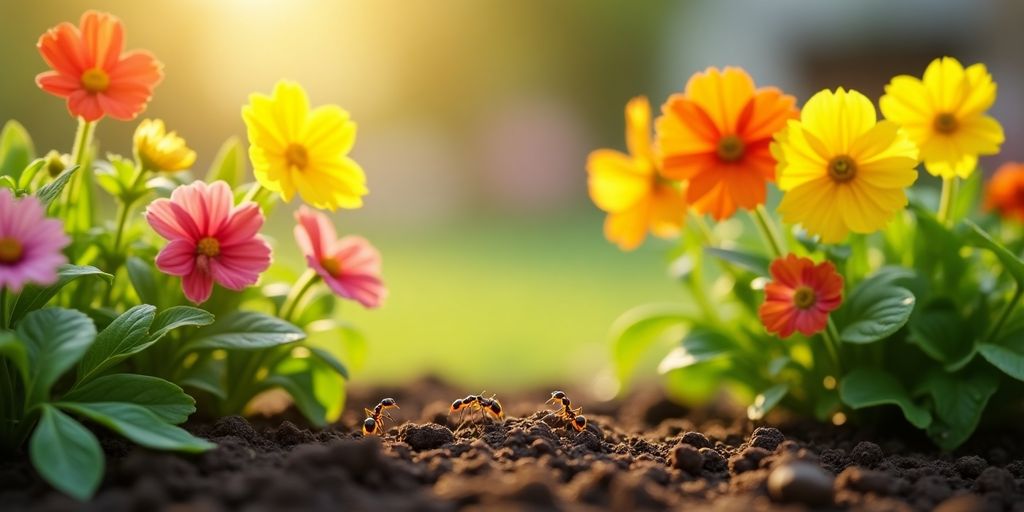 Jardin coloré avec des fourmis sur le sol.