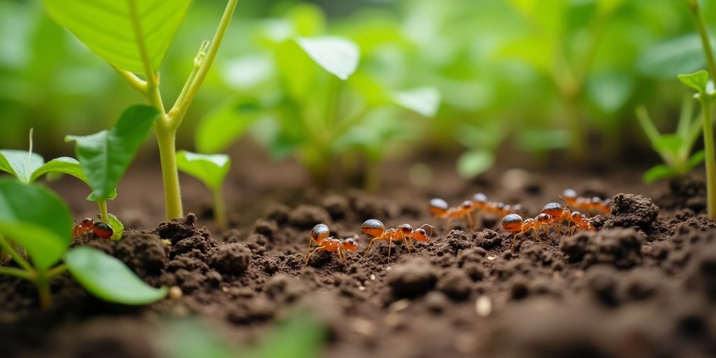 Colonie de fourmis dans un jardin verdoyant.