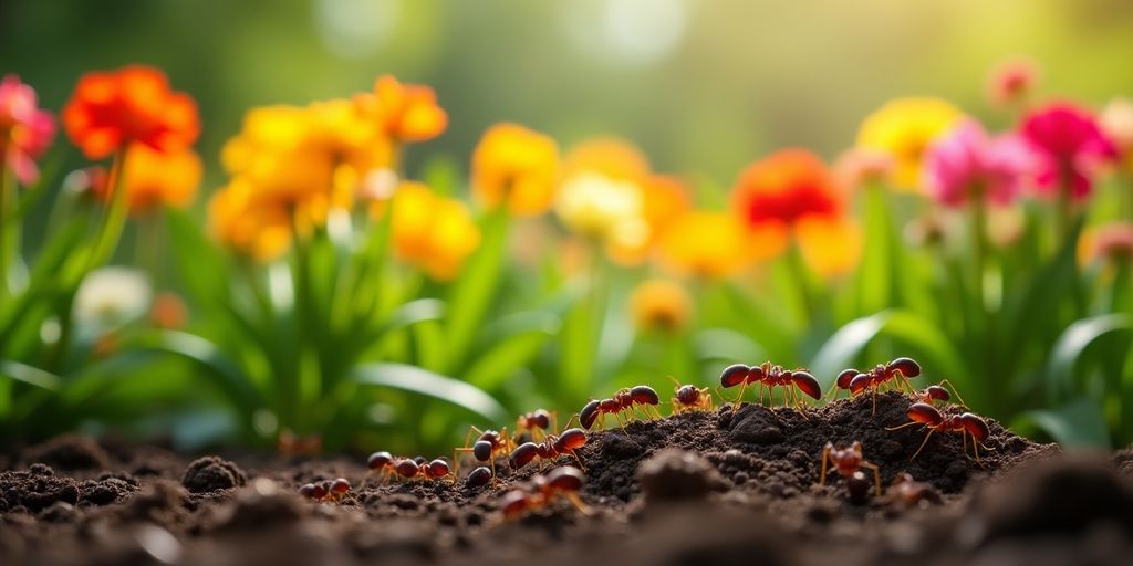 Fourmis sur le sol d'un jardin verdoyant.