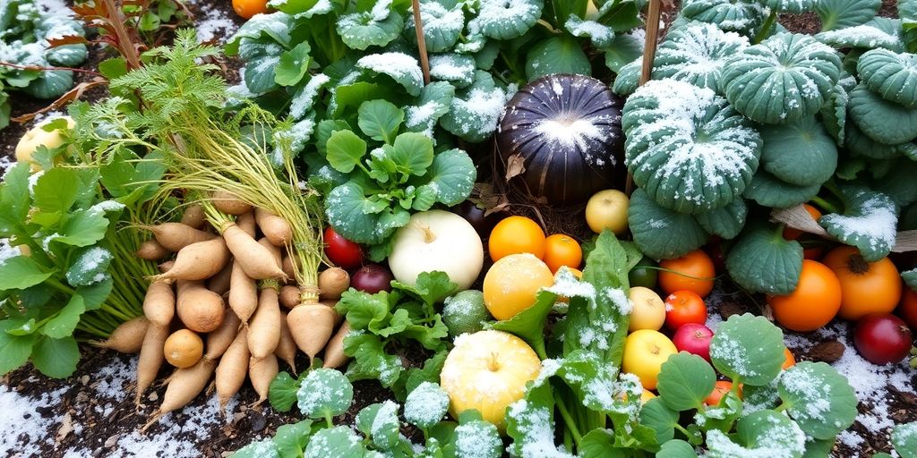 Légumes d'hiver dans un jardin enneigé.