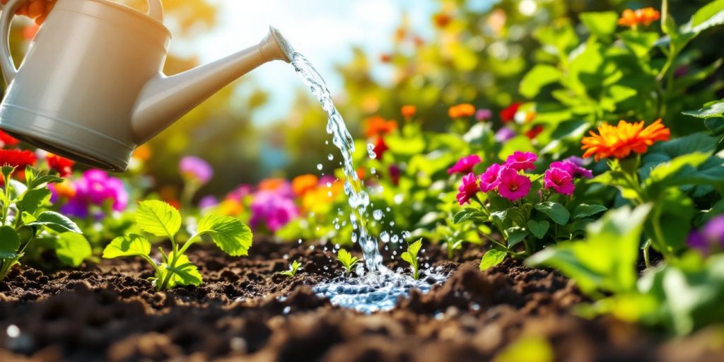 Un jardin vibrant avec un arrosoir et des fleurs.