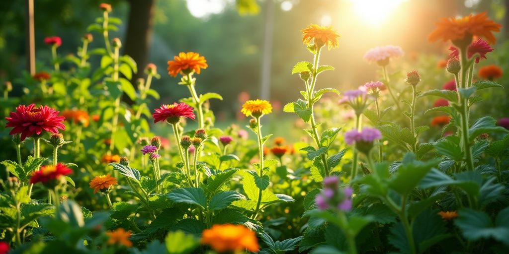 Jardin de permaculture avec plantes compagnes florissantes.