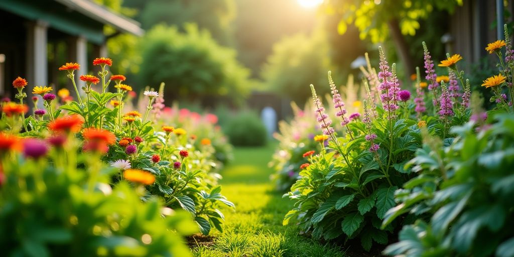 Un jardin de plantes vivaces en pleine floraison.