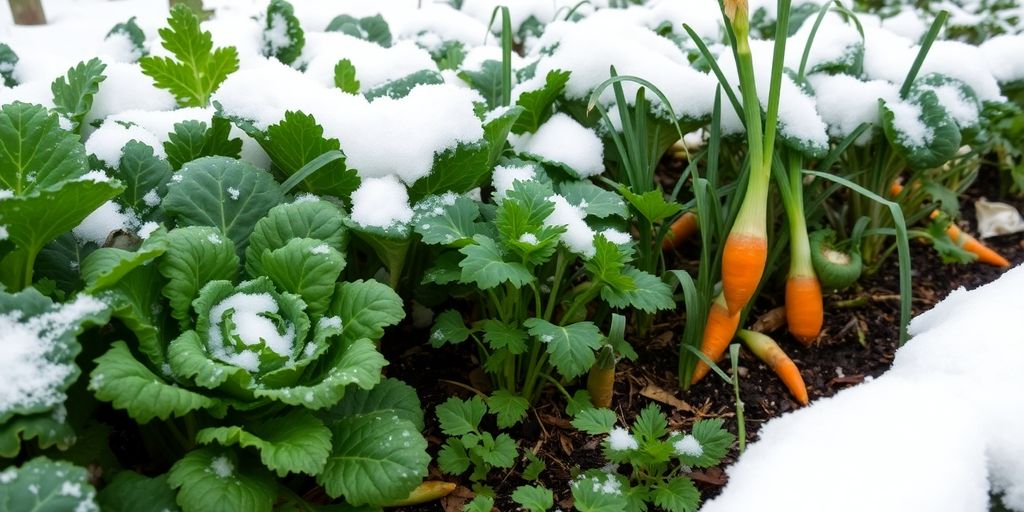 Légumes d'hiver cultivés dans un jardin enneigé.