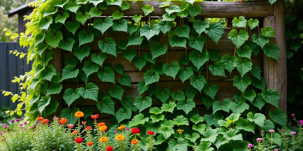 Plantes grimpantes colorées dans un jardin de permaculture.