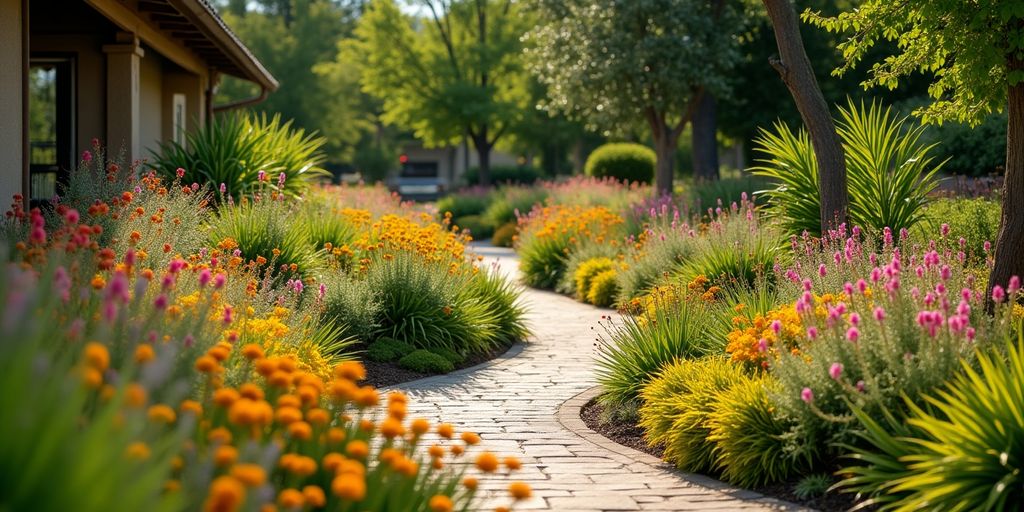 Plantes adaptées au climat dans un jardin ensoleillé.