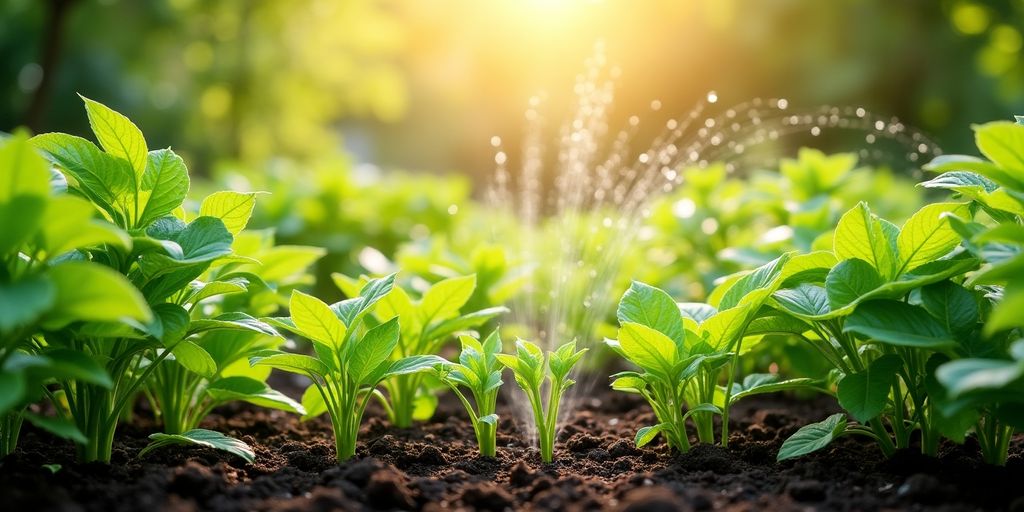 Jardin avec arrosage efficace et plantes luxuriantes.