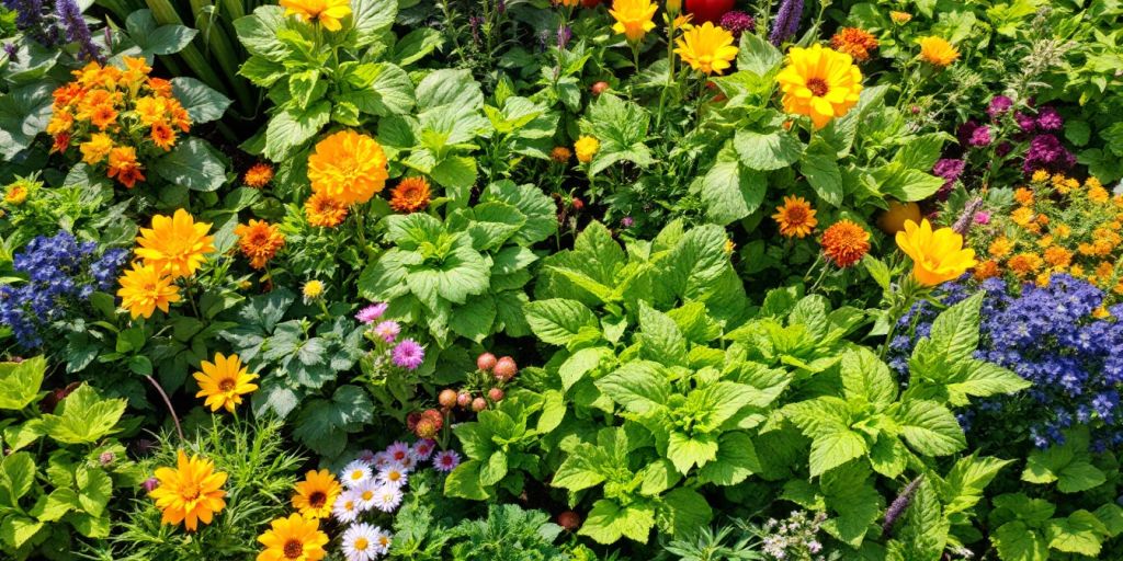 Jardin diversifié avec plantes de permaculture.