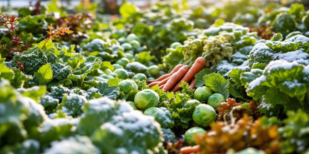 Légumes d'hiver dans un jardin verdoyant.