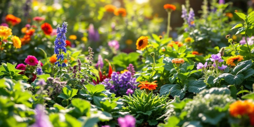 Une scène de jardin avec des plantes assorties.