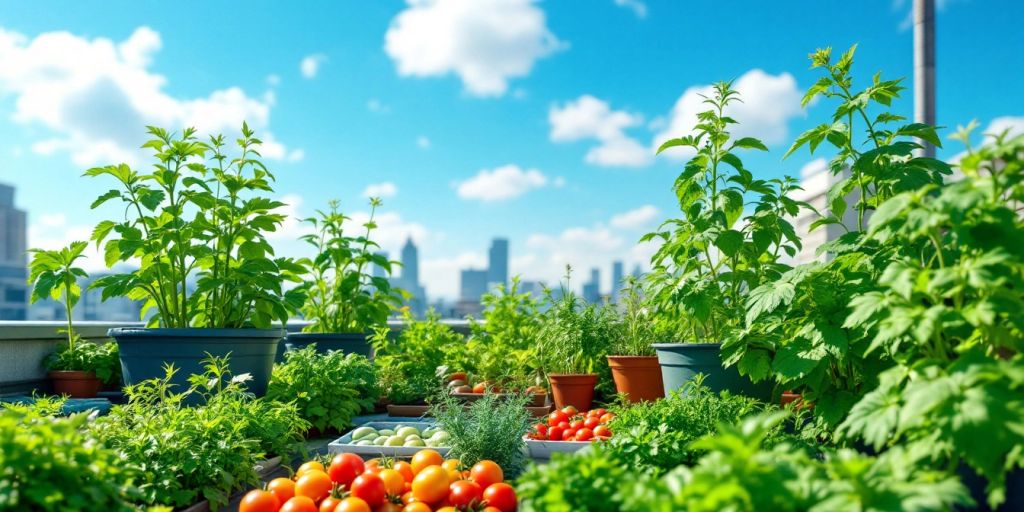 Un jardin potager sur un toit avec des légumes.