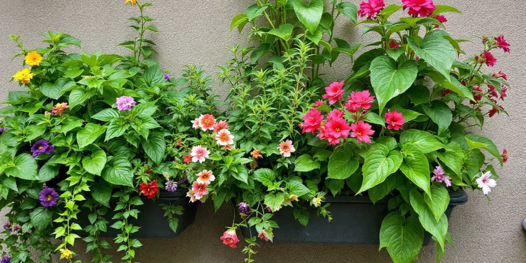 Plantes grimpantes dans un petit espace de jardin.